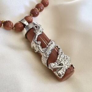 Goldatone, SS Beaded Necklace w/ Goldstone Dragon Scroll Silvertone Pendant